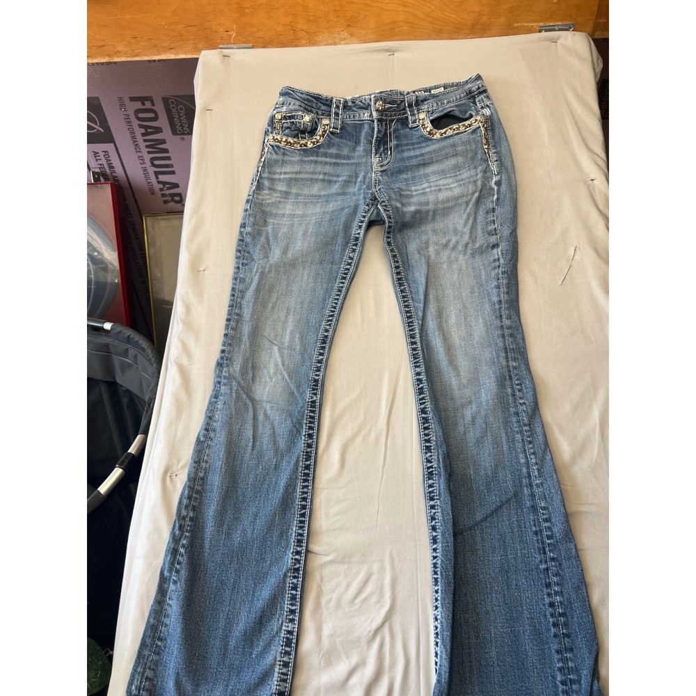 Miss Me Signature Bootcut Embellished Jeans JP7305B Blue 28 Inseam 34 Distressed